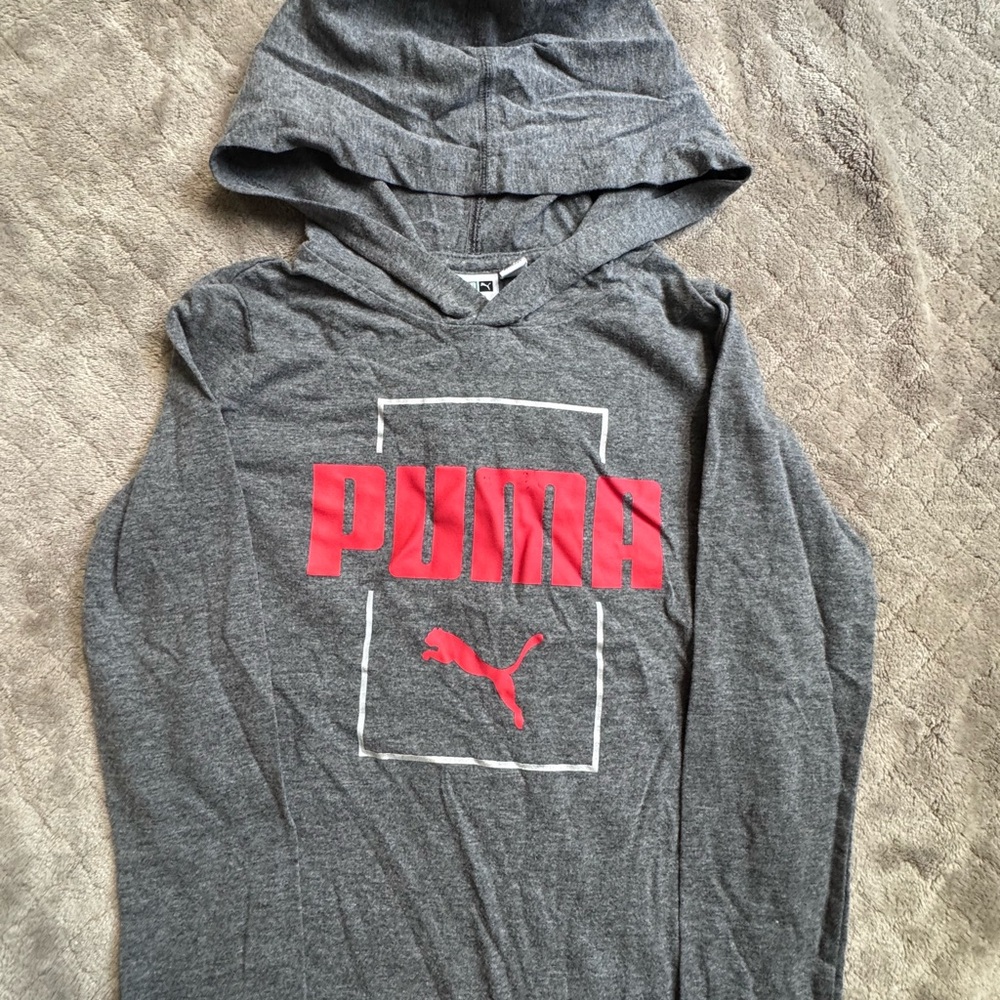 PUMA Heather Gray Hooded Tee Shirt Long Sleeve XS Boys 5 6 Cotton Lightweight